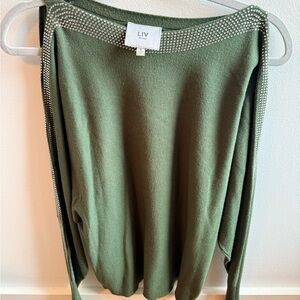 LIV Milano Olive Green Rhinestone Embellished Sweater